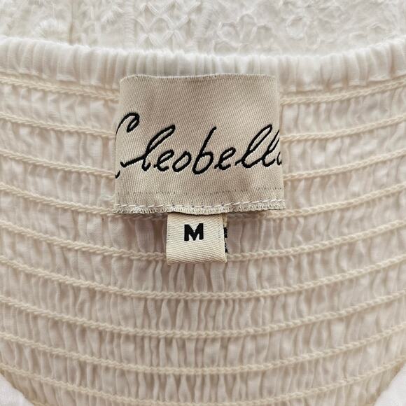 CLEOBELLA Violet Embroidered Spaghetti Strap V-Neck Bow Smocked Mini Dress Sz M - Picture 3 of 16